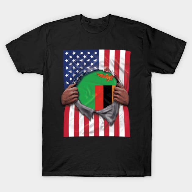 Zambia Flag American Flag Ripped - Gift for Zambian From Zambia T-Shirt by Country Flags